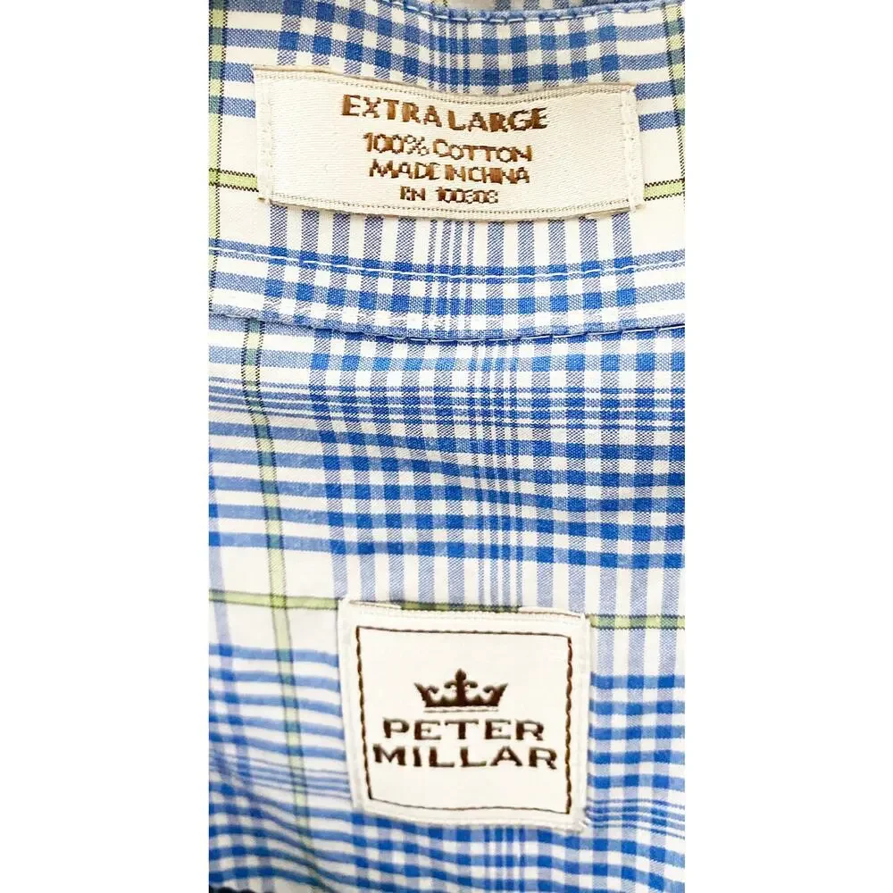 Peter Millar Mens Long Sleeve Dress Shirt Blue White Green Plaid Check Cotton XL
